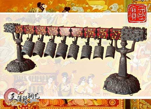 8件古編鐘，銅人銅座裝飾，可發(fā)音